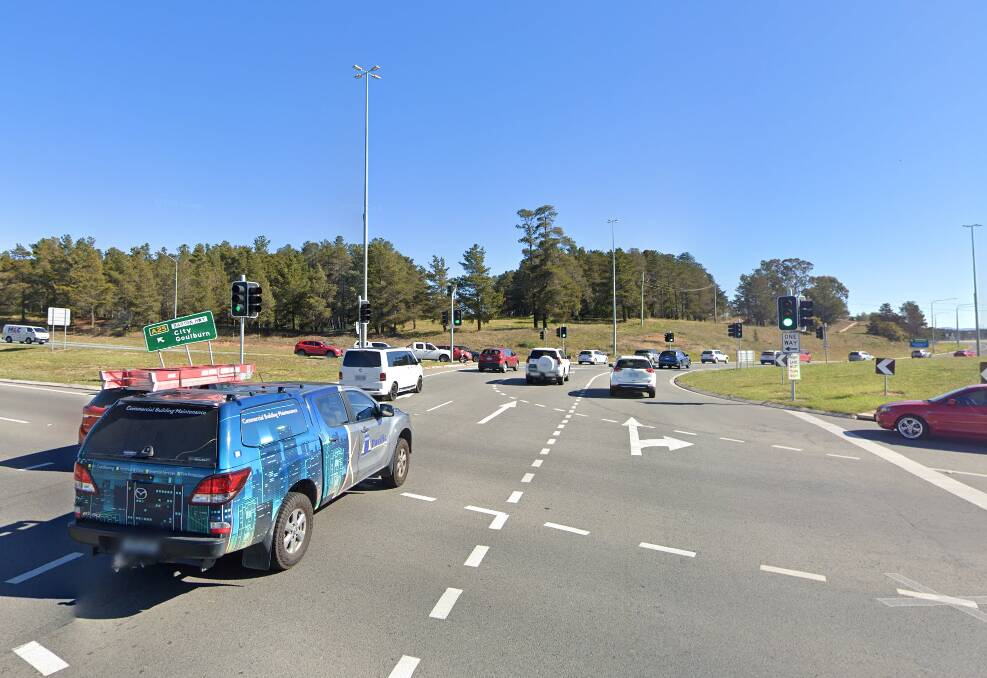 The intersection of the Barton Highway and Gundaroo Drive, where a naked Seyed Ali Talebi Akram was arrested. Picture: Google Maps