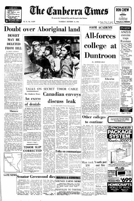 The front page of The Canberra Times on October 14, 1976. 