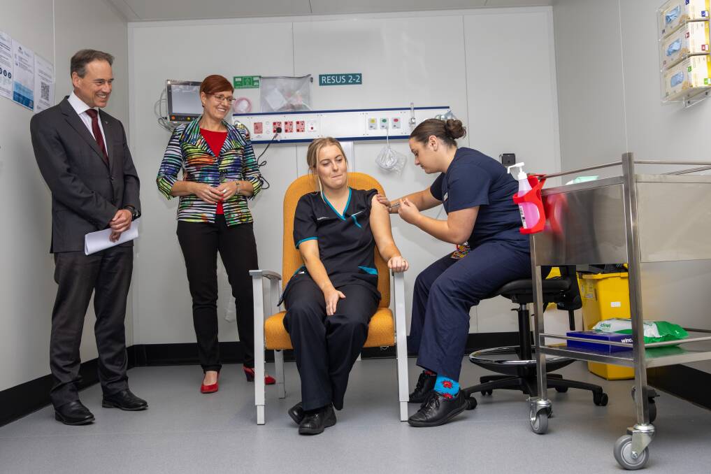 Maddy Williams, 22, who on Monday became the first person in the ACT to get a COVID-19 vaccine. Picture: Keegan Carroll