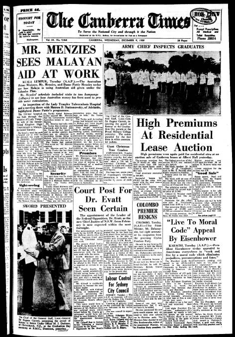 The front page of The Canberra Times on December 9, 1959. 