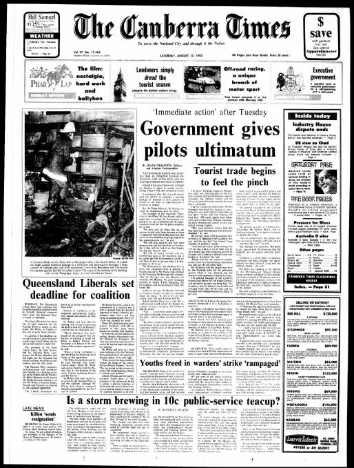 The front page of The Canberra Times on August 13, 1983.