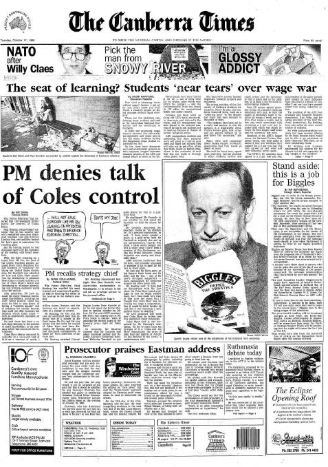 The front page of The Canberra Times on October 17, 1995. 