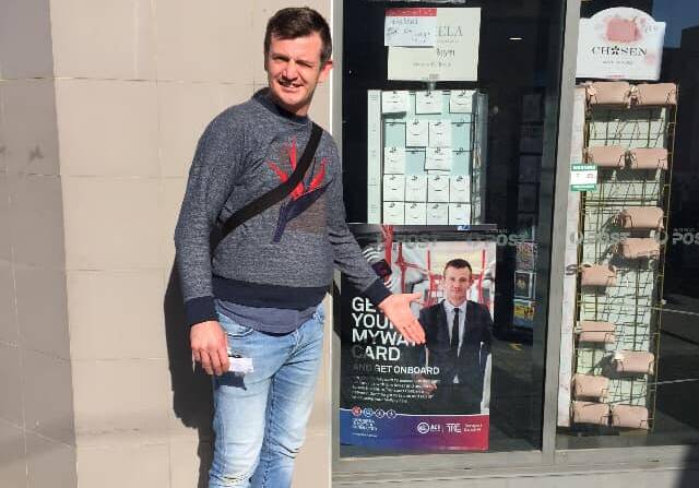 A photo dated June 19, 2020 on Kristian Mynott's Facebook page. It's captioned: "Was out having lunch today and walking past the Post Office and saw myself in the window on a poster For ACT Transport Canberra. Hilarious [sic]". Picture: Facebook