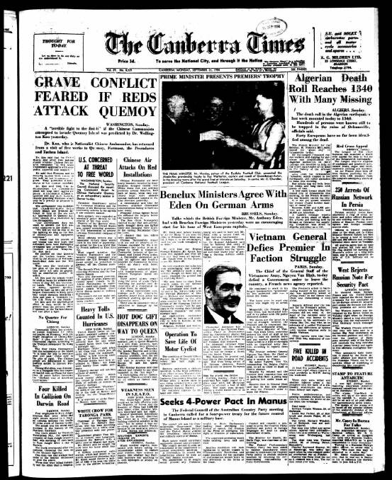 The front page of The Canberra Times on September 13, 1954.