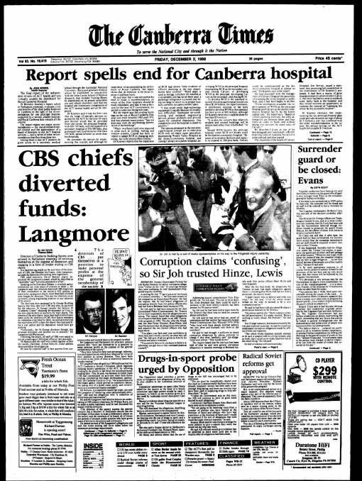 The front page of The Canberra Times on December 2, 1988. 