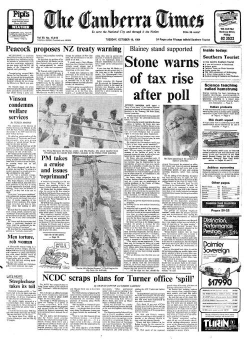The front page of The Canberra Times on October 16, 1984.