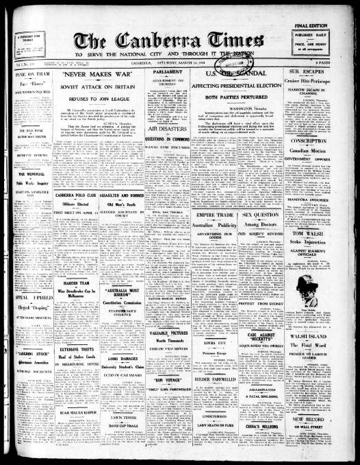 The front page of The Canberra Times on March 24, 1928.