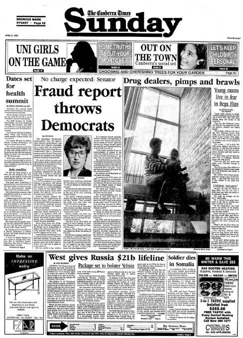 The front page of The Canberra Times on April 4, 1993.