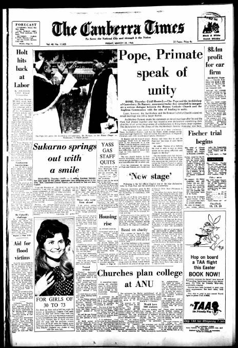 The front page of The Canberra Times on March 25, 1966. 