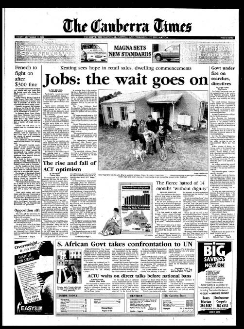 The front page of The Canberra Times on September 11, 1992.