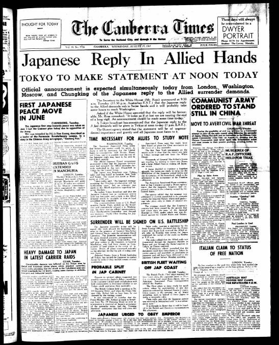 The front page of The Canberra Times on August 15, 1945.
