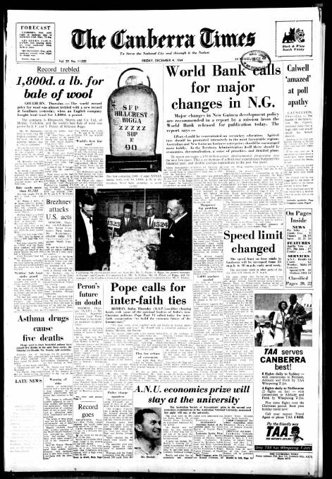The front page of The Canberra Times on December 4, 1964.