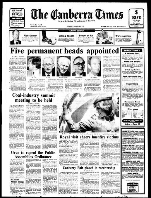 The front page of The Canberra Times on March 26, 1983.