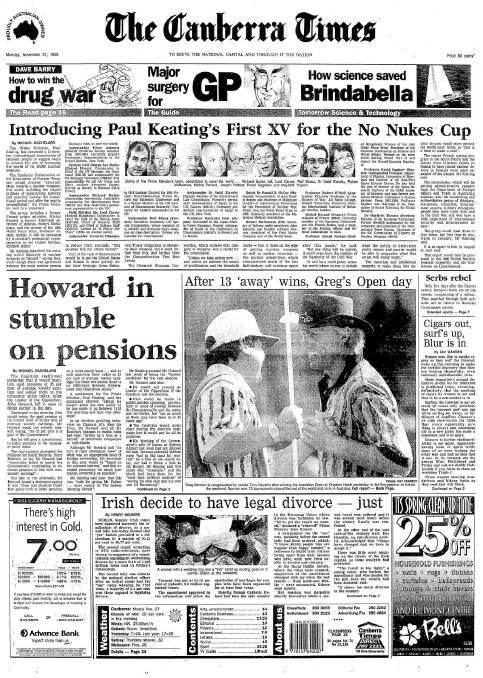 The front page of The Canberra Times on November 27, 1995. 