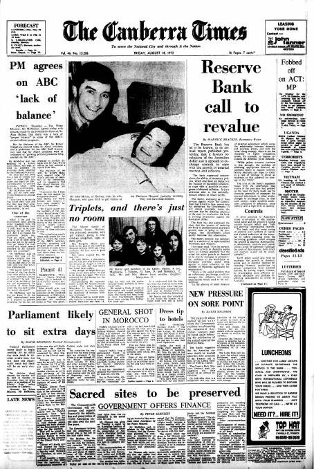 The front page of <i>The Canberra Times</i> on August 18, 1972. 