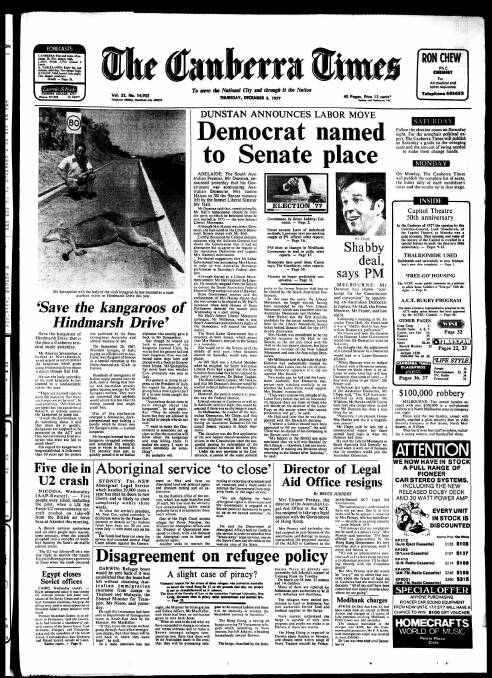 The front page of The Canberra Times on December 8, 1977. 
