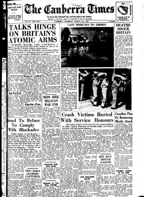 The front page of The Canberra Times on March 23, 1957. 