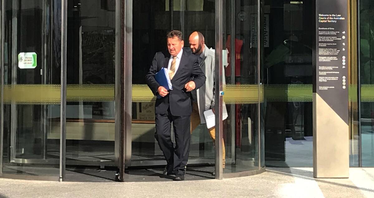 David Celeski (right) leaving the ACT courts with lawyer Peter Bevan on Tuesday afternoon. Picture: Cassandra Morgan