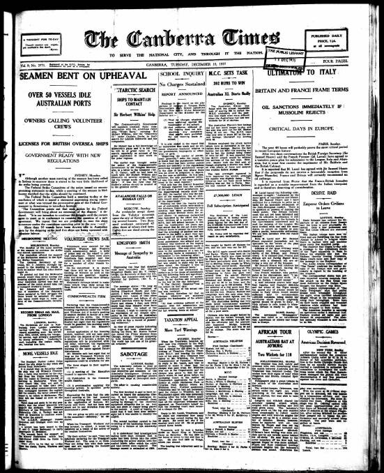 The front page of The Canberra Times on December 10, 1935.