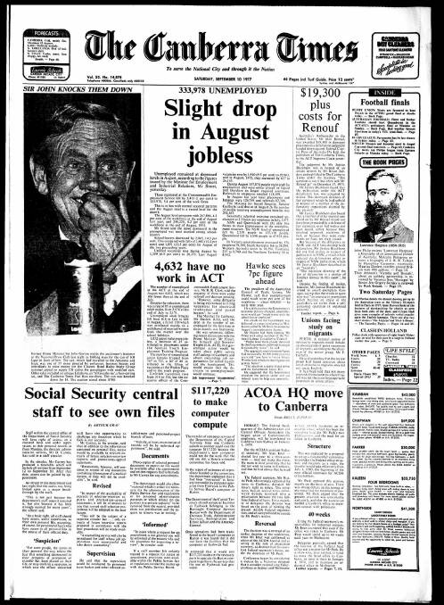 The front page of The Canberra Times on September 10, 1977.