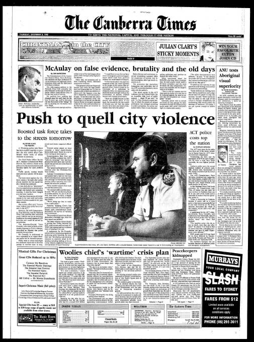 The front page of The Canberra Times on December 3, 1992.