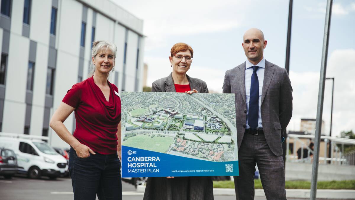 Kate Gorman of Health Care Consumers' Association, Minister for Health Rachel Stephen-Smith, and Canberra Health Services CEO Dave Peffer at the launch of the Canberra Hospital master plan. Picture: Dion Georgopoulos 