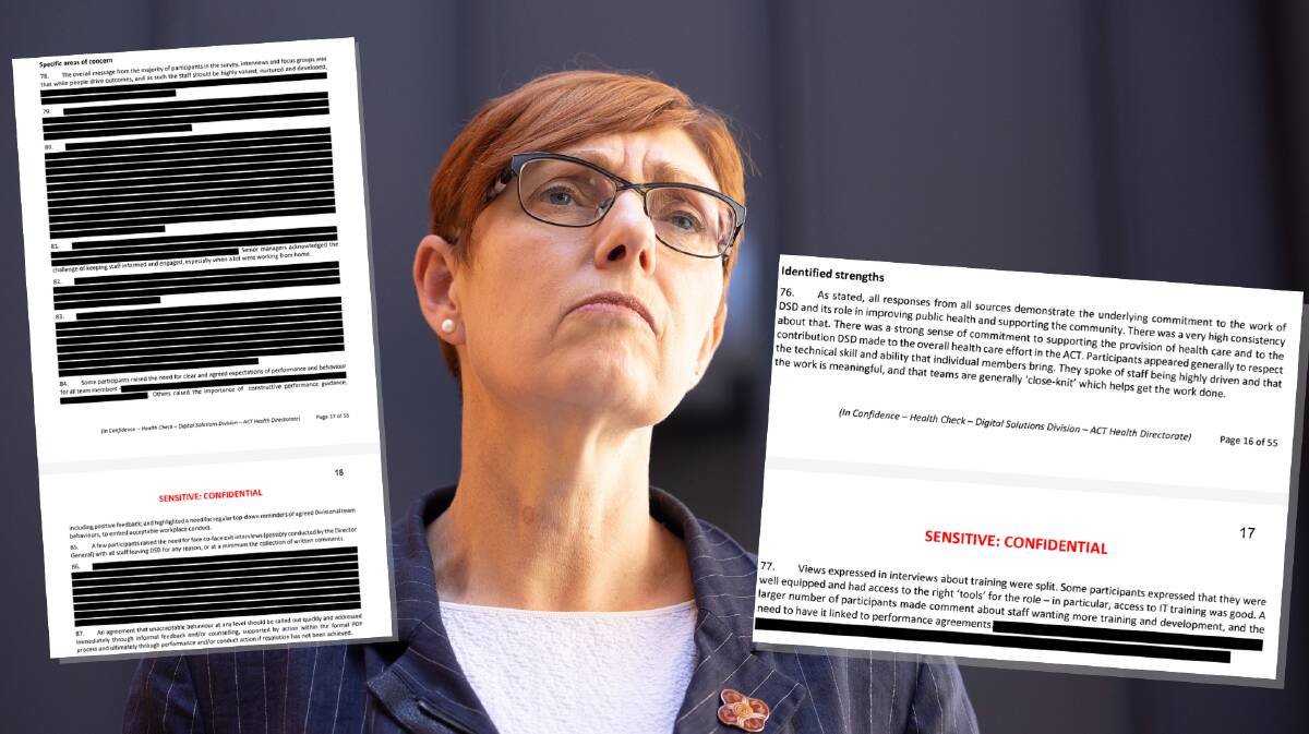 The heavily redacted review, insets, appeared to be at odds with other freedom of information requests about culture reviews including one from earlier this year which was sent to Health Minister Rachel Stephen-Smith (pictured). Picture by Keegan Carroll 