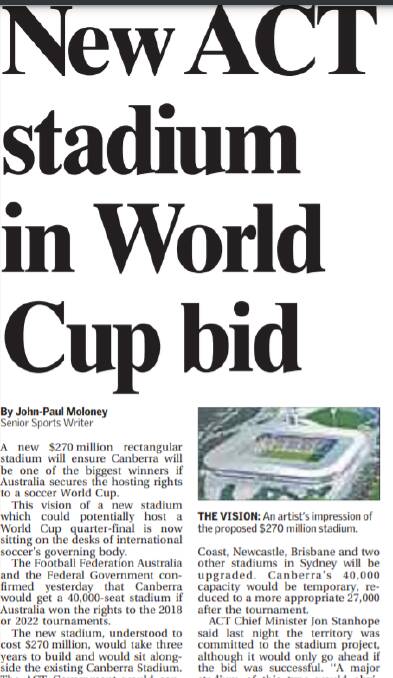 The announcement of a new stadium for the World Cup as reported in the Canberra Times in May 2010. 