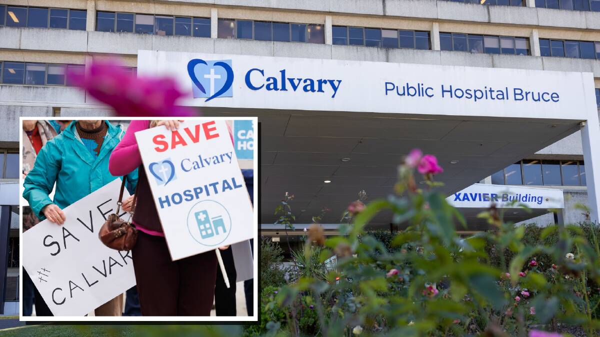 Protests out the front of the Legislative Assembly on Wednesday, inset, against the Calvary Public Hospital Bruce. Pictures by Gary Ramage, Keegan Carroll 