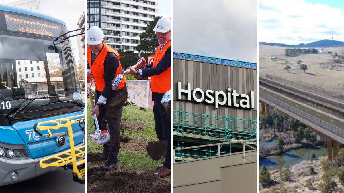 New electric buses, the raising of London Circuit, the Canberra Hospital expansion and the John Gorton Bridge were included in the government's highest contracts in the 2022-23 year. Pictures by Karleen Minney, Jasper Lindell, Sitthixay Ditthavong, supplied 