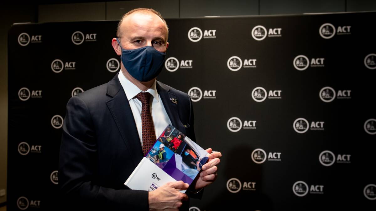 Chief Minister Andrew Barr with the 2021-22 budget papers on Wednesday. Picture: Elesa Kurtz 