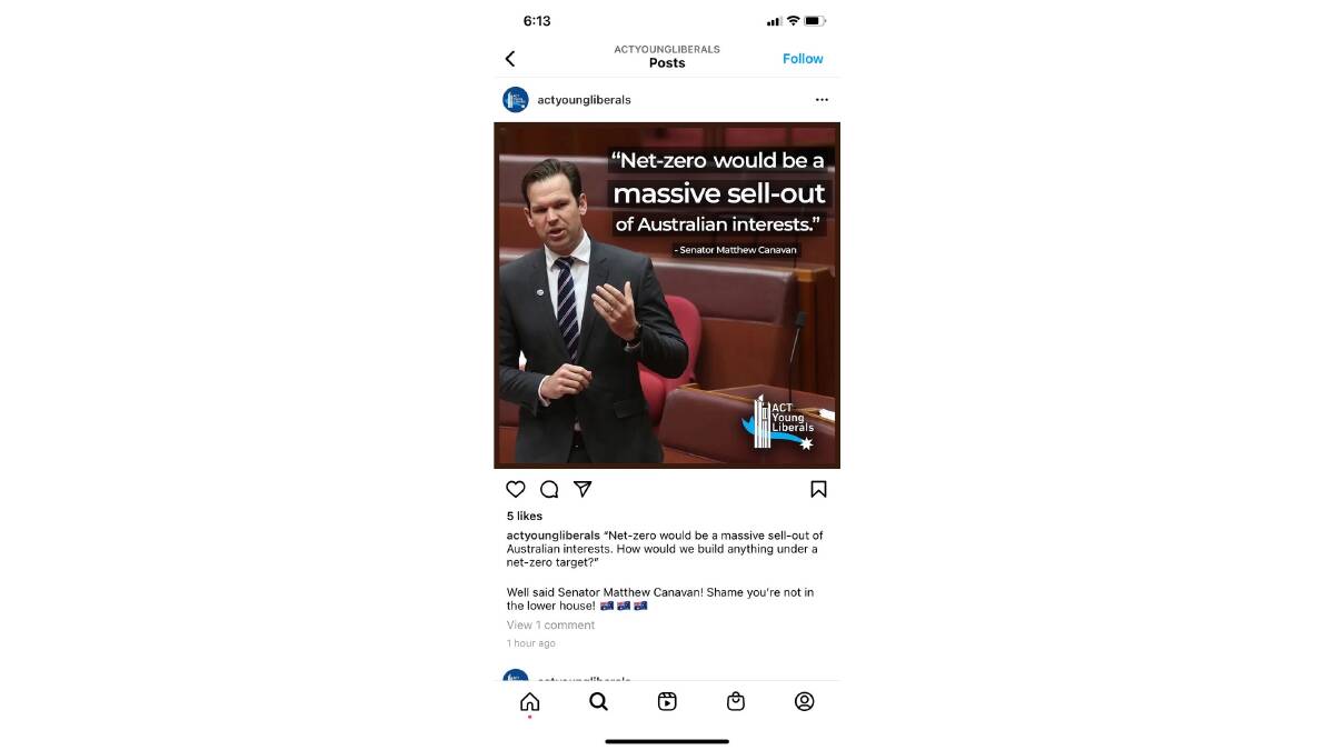 A now-deleted post from the ACT Young Liberals celebrating comments from Matt Canavan against net-zero. 