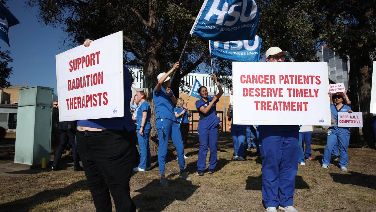 Radiation therapists at Canberra Hospital walked off the job on Tuesday afternoon. Picture by Gary Ramage 