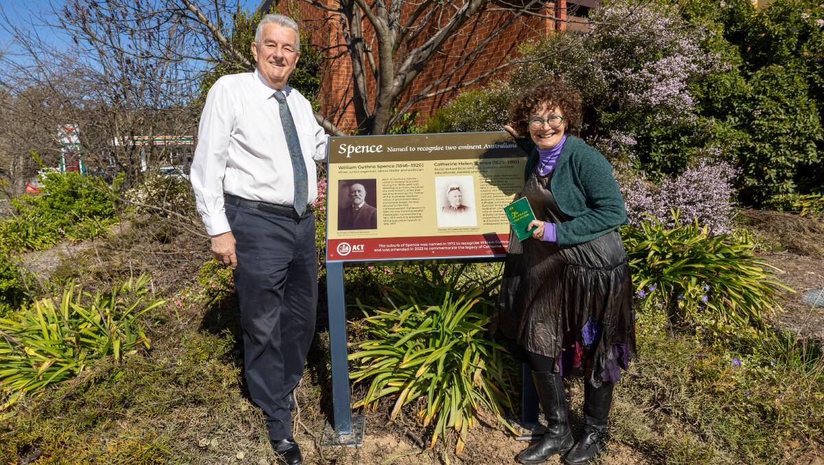 David Headon and Kim Rubenstein with a new sign in Spence recognising Catherine Helen Spence as a new namesake. Picture by Gary Ramage