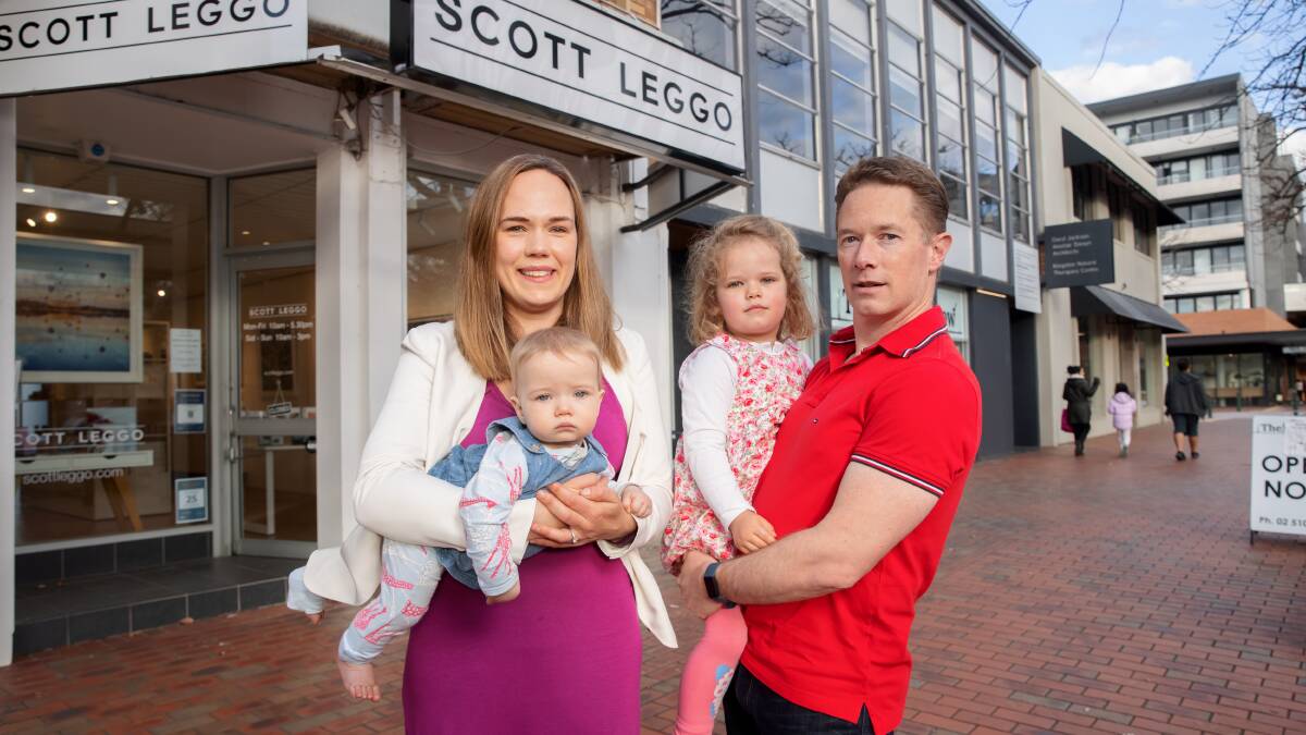 Owners of Scott Leggo Gallery Kingston Phillipa and Scott Leggo with their children Olivia, 10 months, and Holly, 3.5 years. The business had not yet received its government support grant. Picture: Sitthixay Ditthavong