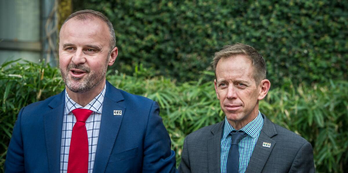 Chief Minister Andrew Barr and Energy Minister Shane Rattenbury were delighted that electricity prices were falling in the ACT. Picture: Karleen Minney 