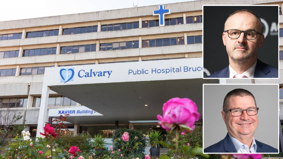 Calvary's Bruce public hospital with Chief Minister Andrew Barr, top inset, and Calvary national chief executive Martin Bowles, bottom inset. Pictures by Sitthixay Ditthavong, supplied