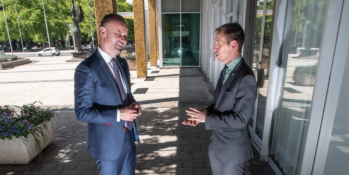 Chief Minister Andrew Barr and ACT Greens leader Shane Rattenbury. The pair don't always see eye-to-eye. Picture by Karleen Minney 