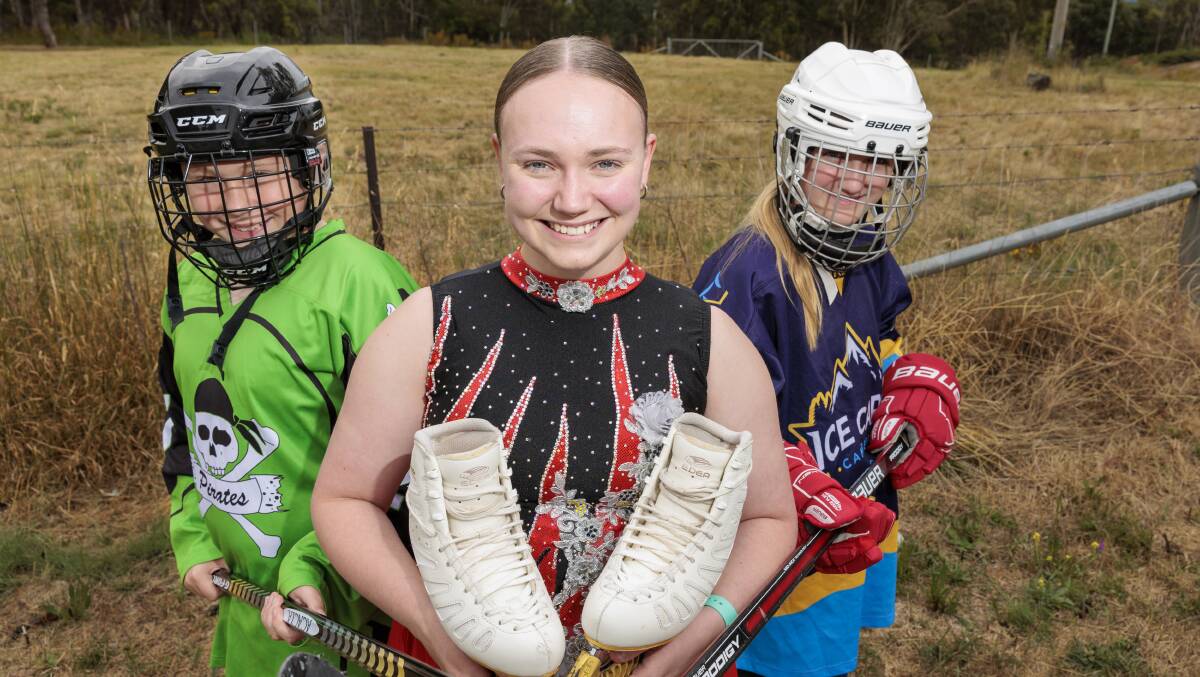 Broomball player Jethro Evans 13, Figure Skater Monique Lawrence and Ice Hockey Player Olivia Murray 11, are excited for a ice sports facility to be built in Tuggeranong. Picture by Keegan Carroll
