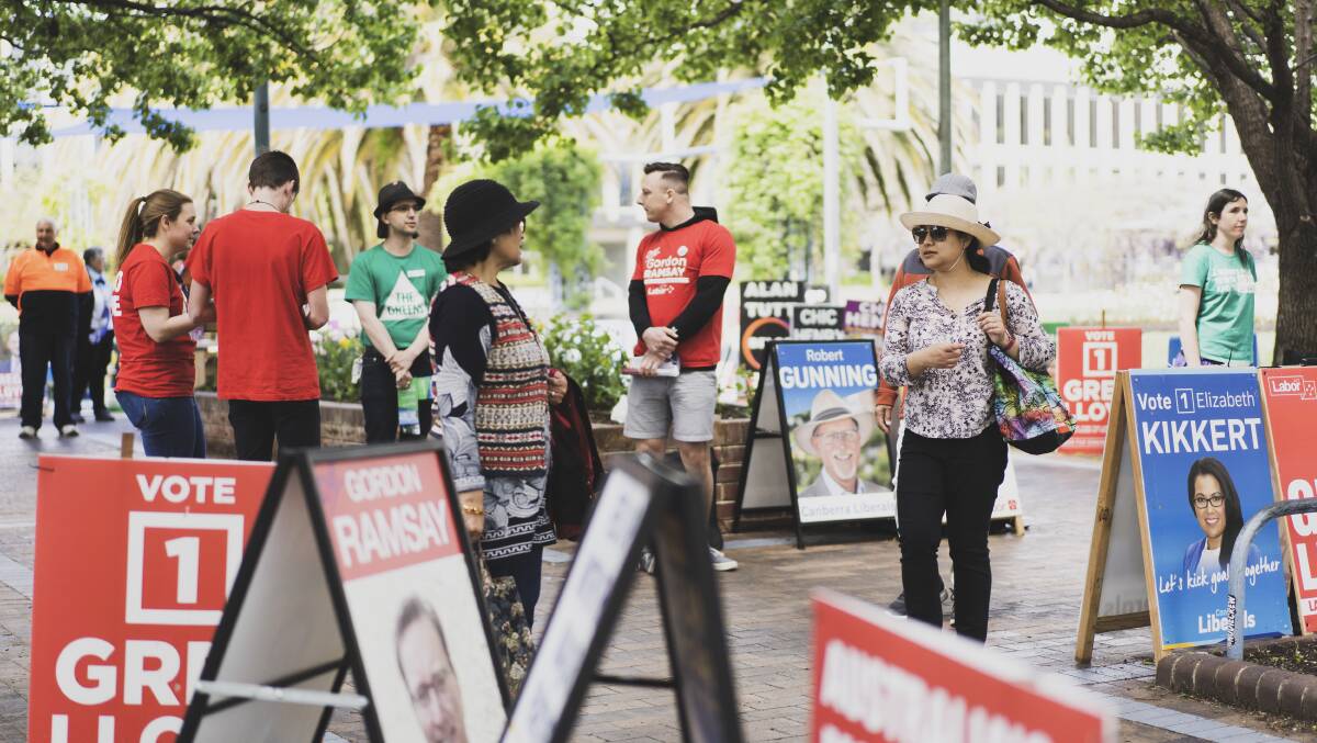 Political parties, pictured campaigning for the 2020 ACT election, raised concerns about the government's proposed changes to donation reporting laws. Picture by Dion Georgopoulos