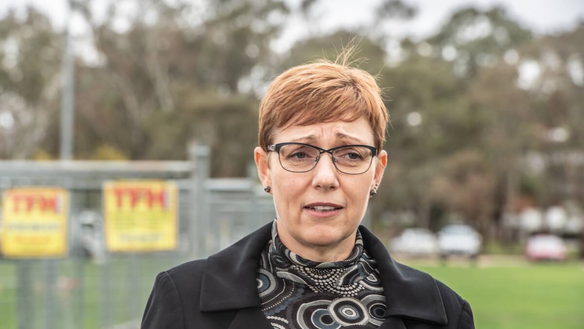 Health Minister Rachel Stephen-Smith on the Garran Oval when the surge centre was under construction in 2020. Picture by Karleen Minney 