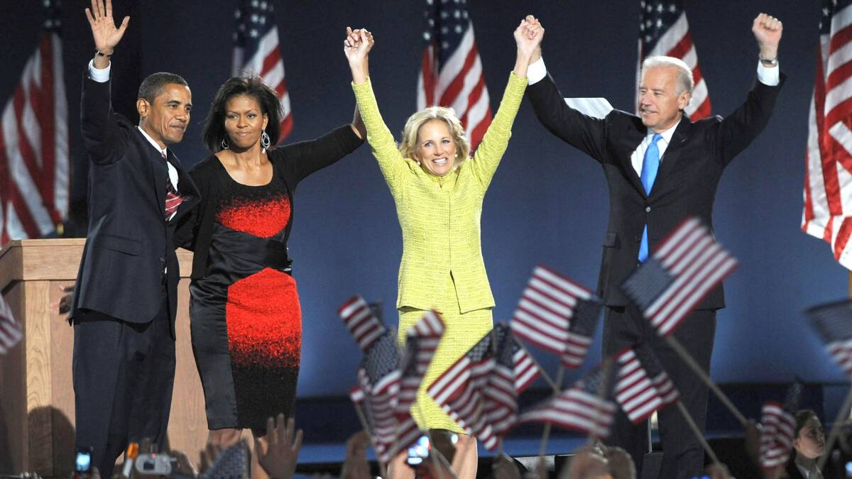 Barack Obama, wife Michelle Obama, Jill Biden, Joe Biden at Obama's presidential election victory speech on November 4, 2008. Biden's experience in economic growth and employment is crucial. Picture: Shutterstock 