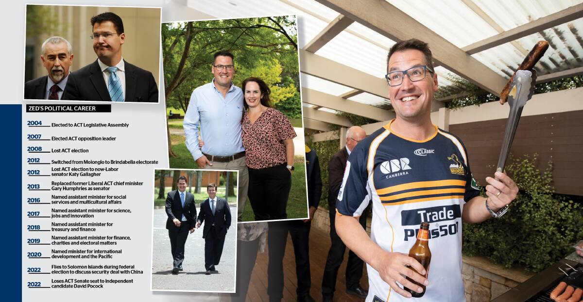 Clockwise from main: Zed Seselja after the 2019 federal election; newly-elected ACT opposition leader Seselja with his deputy Brendan Smyth in 2007; with former Liberal senator Gary Humphries in 2012; and with his wife Roslyn this year. Main picture: Sitthixay Ditthavong