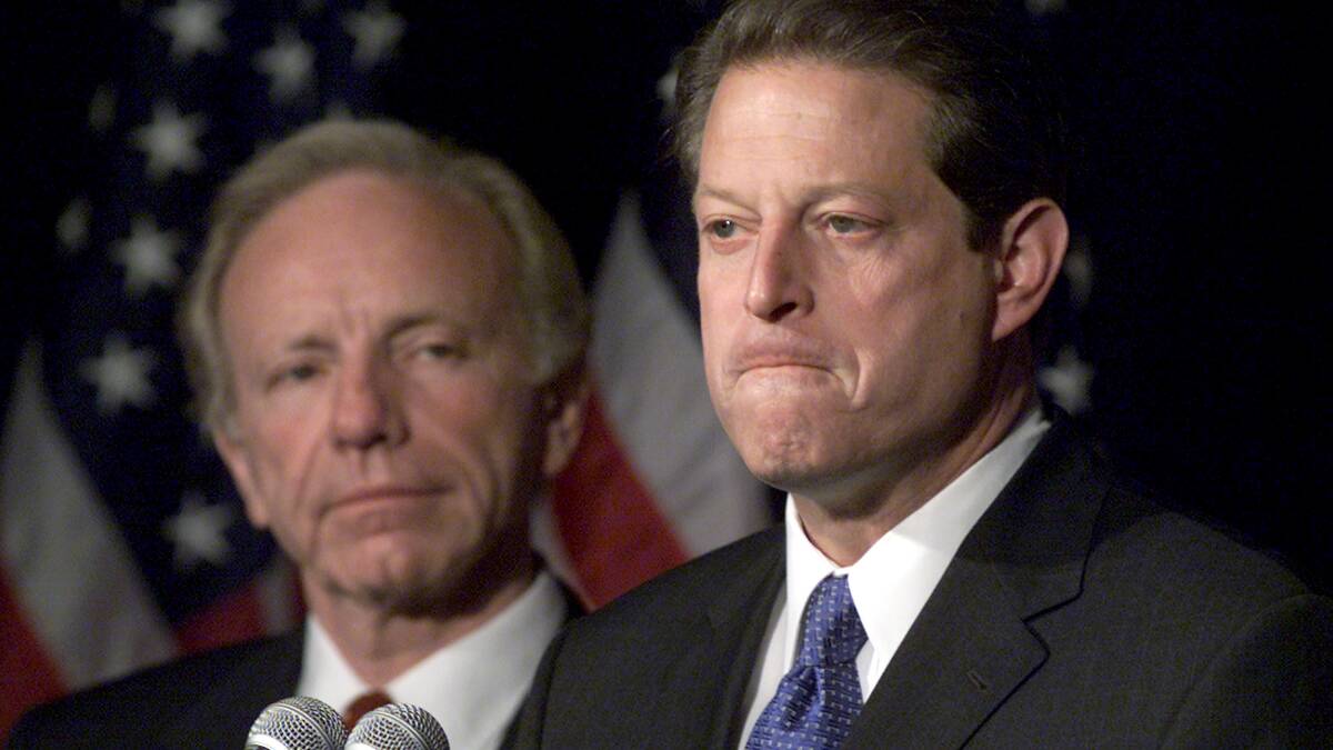 Vice president Al Gore with senator Joseph Lieberman by his side after a bitterly divided US Supreme Court ruled for Republican George W. Bush in 2000. Picture: Getty Images