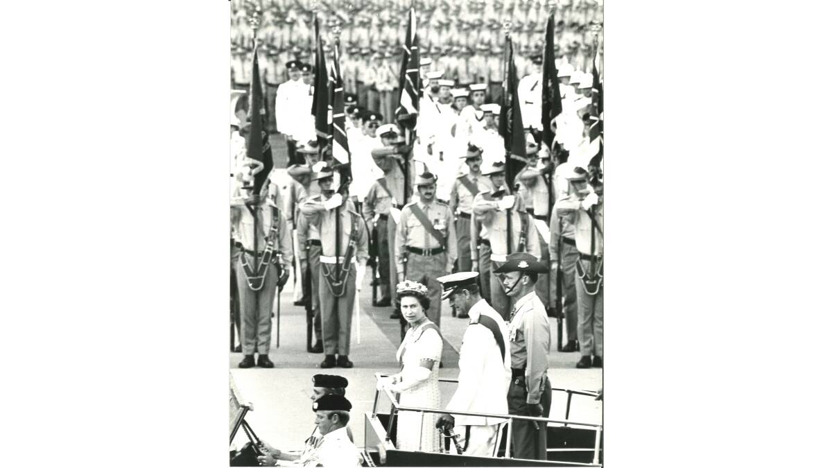 Stephen Hull submitted this 1977 photograph to The Queen and Me. Then 20, he was a platoon commander at 6 Battalion, RAR when he was chosen to be part of the 6th Battalion Colour Party. "[I] only saw the Queen when she was on the dais and the drive past, as the Colours I was holding obscured my view. I am in the front row, right of centre."