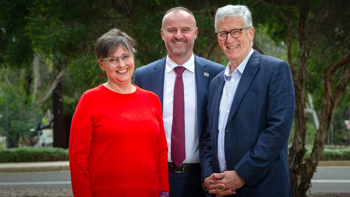 Chief Minister Andrew Barr with his mum, Susan, and dad James, at the ACT Labor Party campaign launch. Picture: Elesa Kurtz