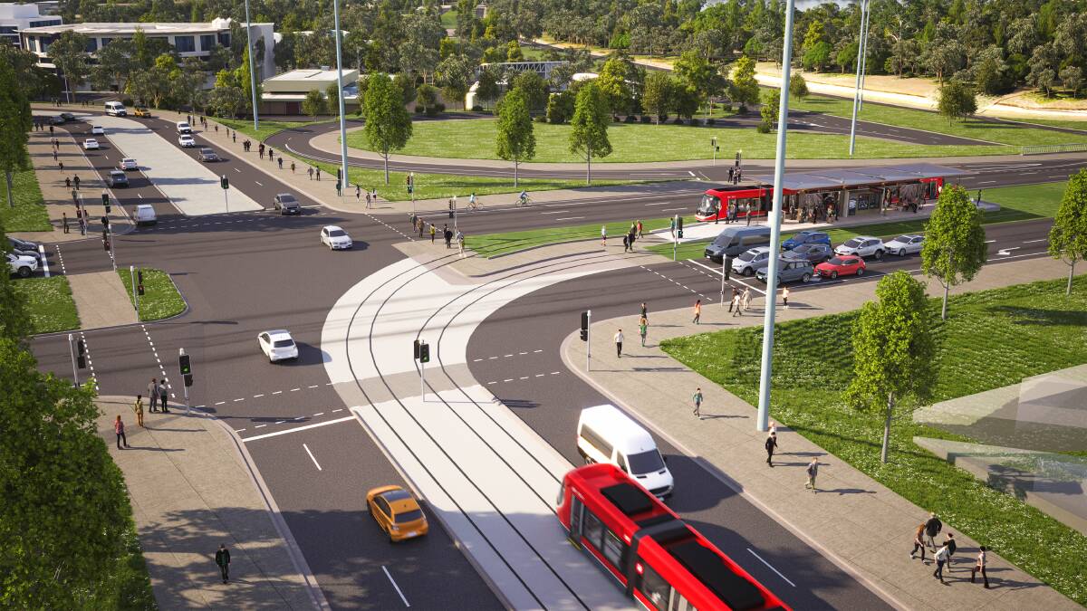 An artist's impression of the light rail turning on to Commonwealth Avenue. 