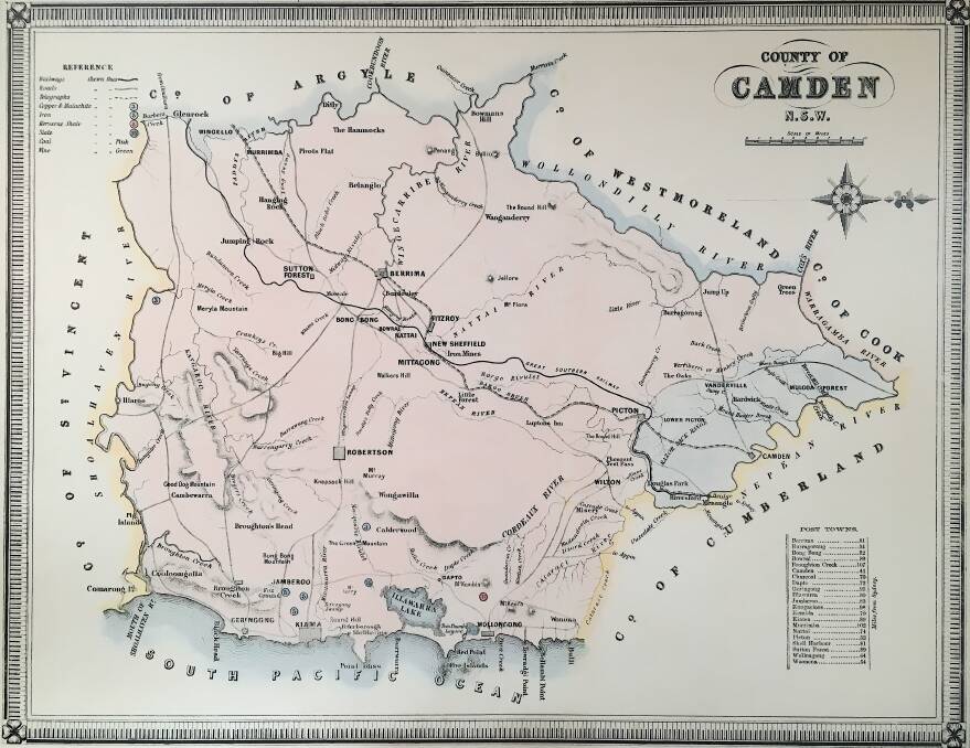 A historic map of the County of Camden, including Mittagong, with west facing upwards. Picture: Tim the Yowie Man
