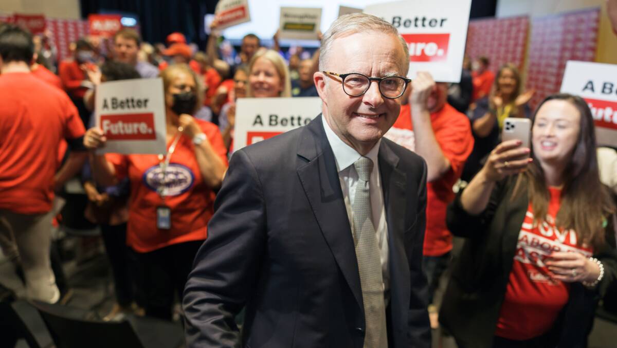 Anthony Albanese at a high-energy rally at the Australian Nursing and Midwifery Foundation in Melbourne on Wednesday. Picture: Sitthixay Ditthavong