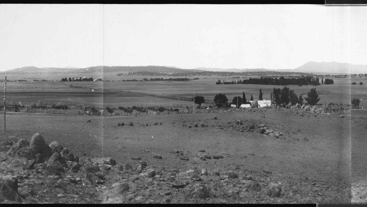 A 1910 photographic panorama titled City series from rear of Canberra Post Office, Federal Capital Site. The view is from lower slopes of Mount Ainslie. Picture: Sheaffe Papers, NAA